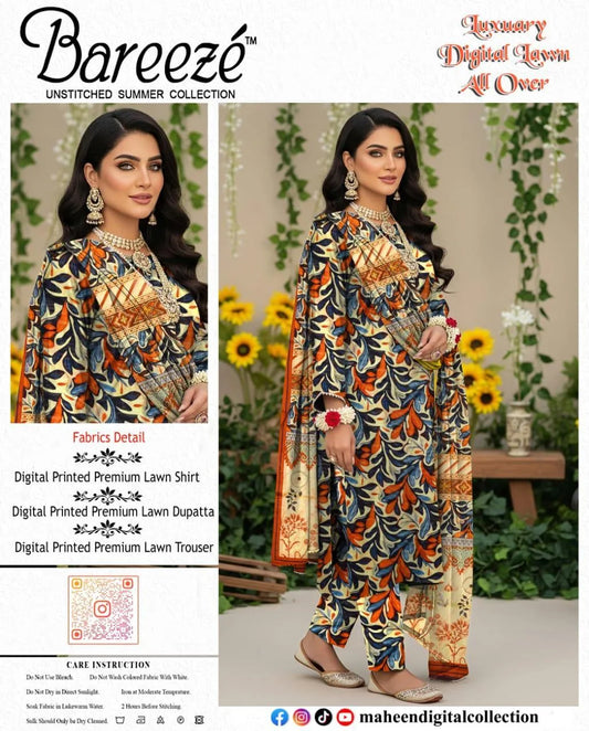 3 Pcs Women's Unstitched Digital Print Suit