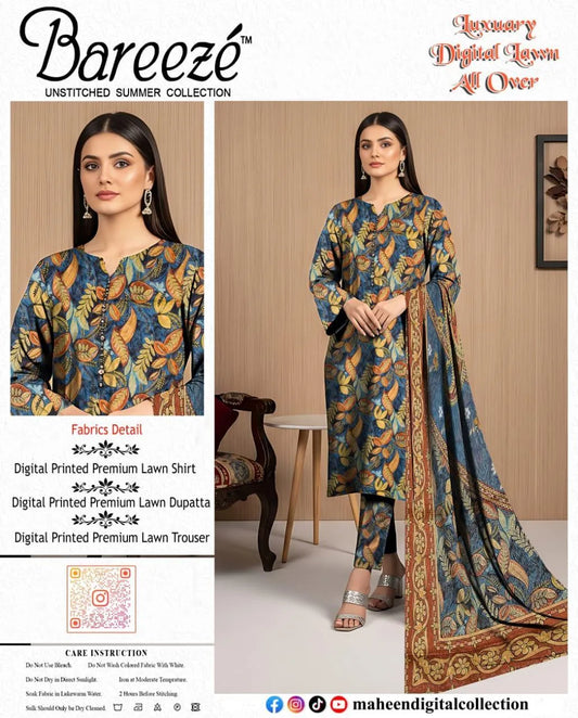 3 Pcs Women's Unstitched Digital Print Suit