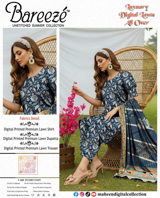 3 Pcs Women's Unstitched Digital Print Suit